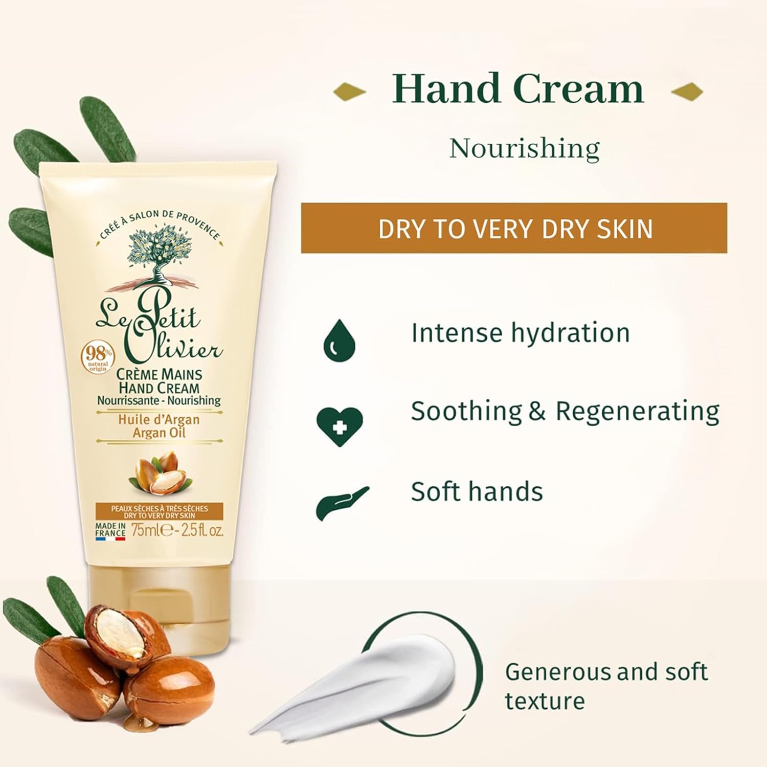 Le Petit Olivier Nourishing Hand Cream - Enriched With Argan Oil - Softens, Nourishes and Protects Hands - Soothes The Sensation Of Tightness And Discomfort - Silicone Free - 2.5 Oz
