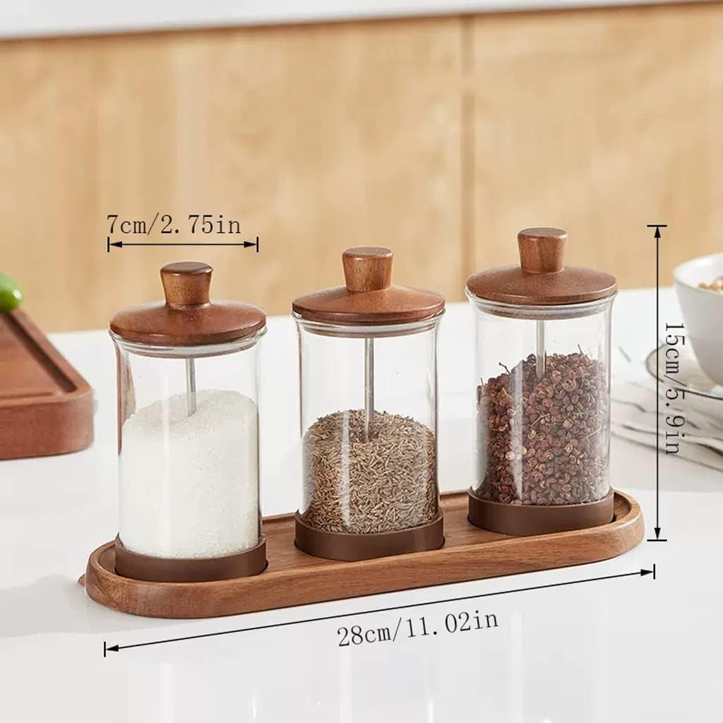 Salero Y Azucarero Cocina Juego De Botellas Vidrio Para Condimentos Con Cuchara Y Bandeja Tapa Madera, Tarro Para, Caja Para Sal, Cocina Casera Caja De Almacenamiento