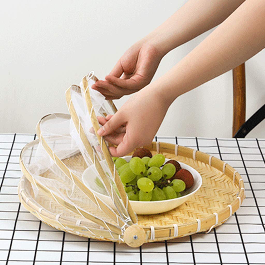 Corbeille à fruits et légumes en bambou tissé à la main avec filet anti-moustique anti-insectes rond en osier résistant à la poussière Plateau pique-nique nourriture pain