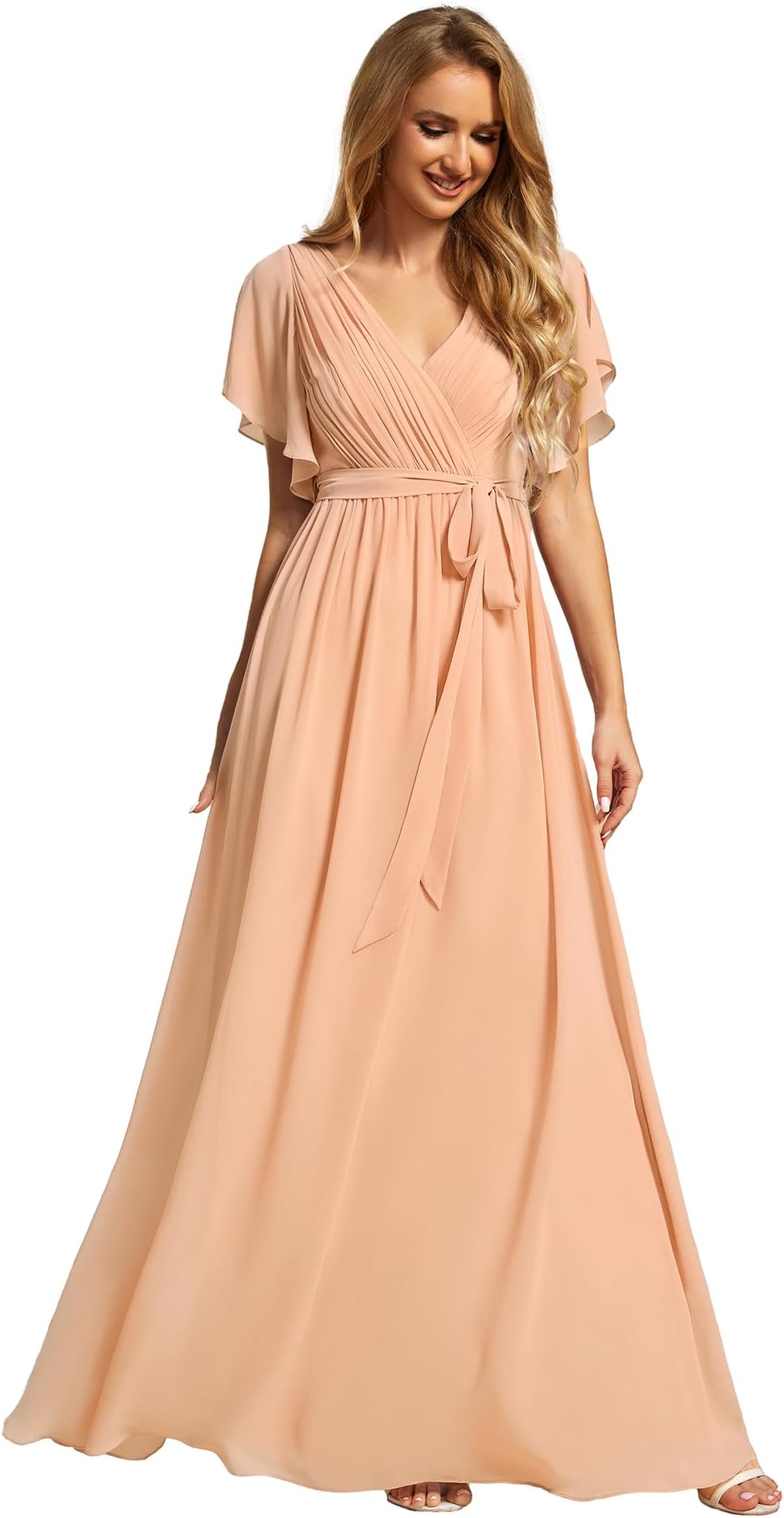 Women's V-Neck Ruffle Sleeves Ruched Bust Chiffon Floor Length Bridesmaid Dresses 0164A