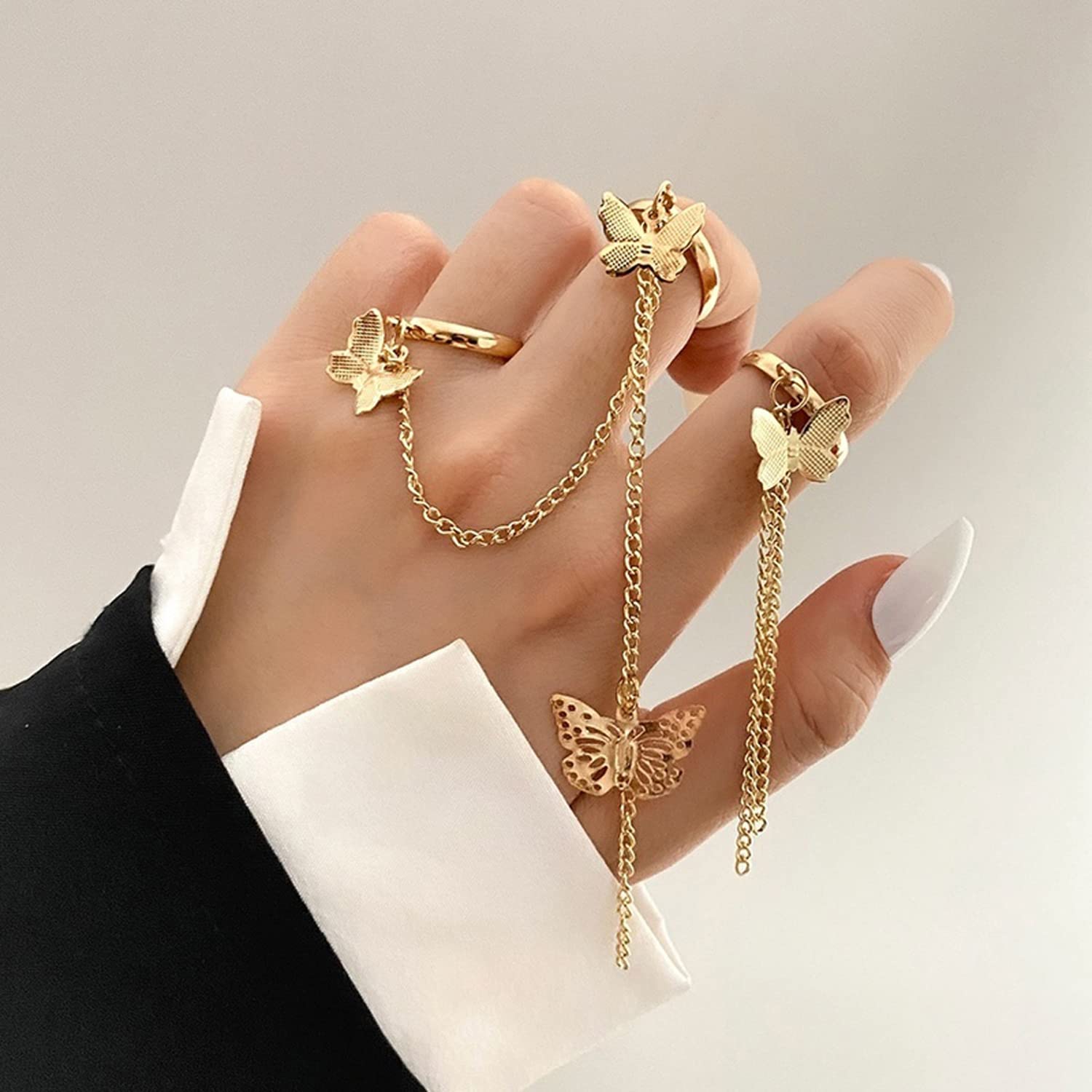 Butterfly Chain Rings Set Plated Toned