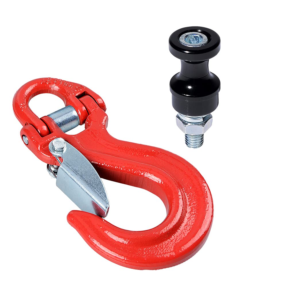 Anzios Black Steel Hook Stand Holder Hookrest + Red Swivel Safety Latch Half-Link Winch Hook Fit 3/8