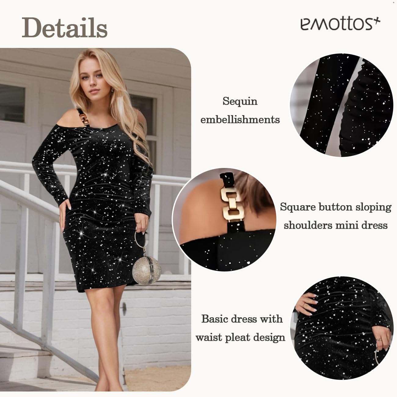 Mini Vestito Sexy di Paillettes da Donna, Abiti da Elegante con Spalle Spioventi Fibbia Quadrata, Corto Cerimonia con Pieghe in Vita Slim Fit Party Club, Nero, S-L