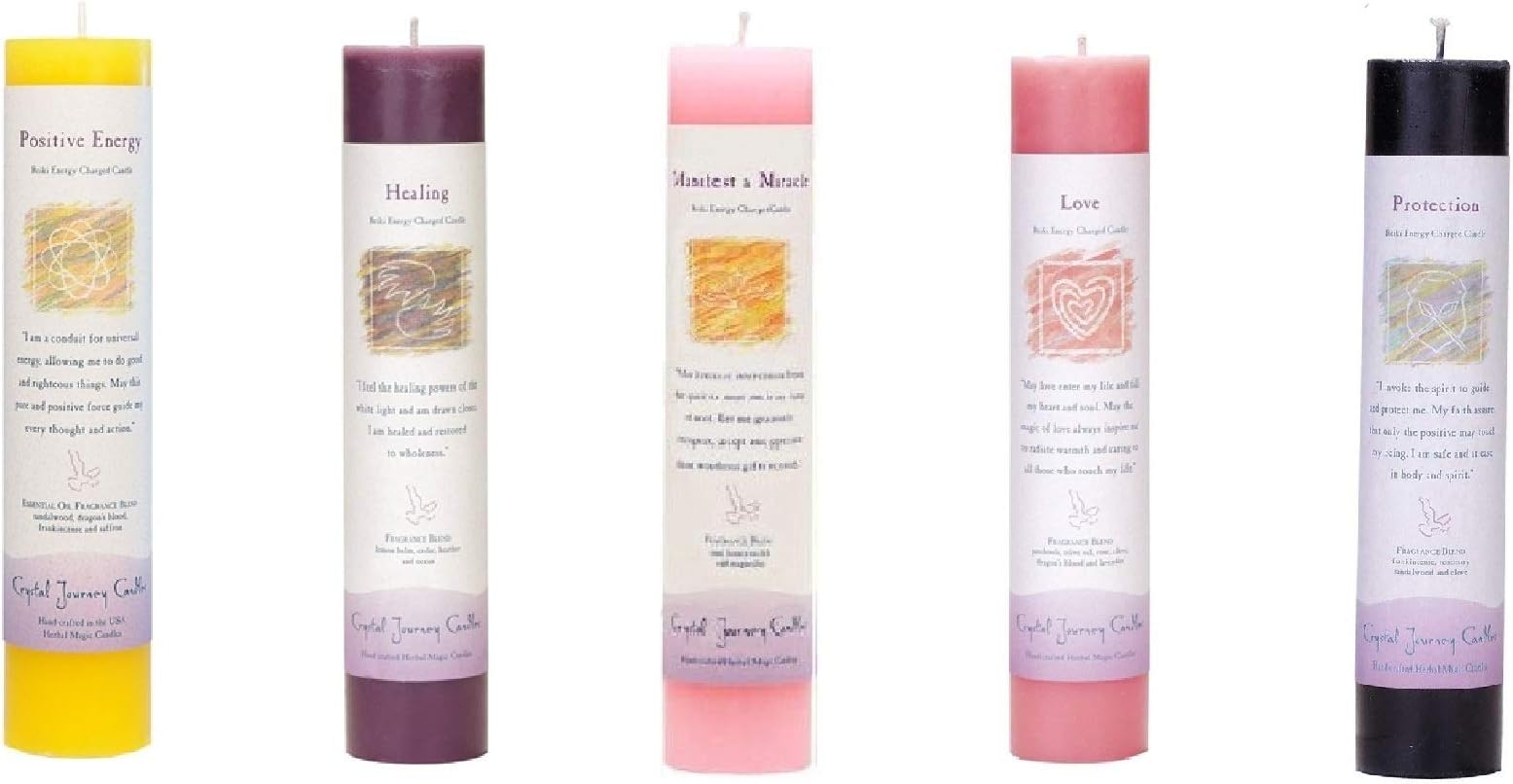 Crystal Journey Reiki Charged Herbal Pillar Candle with Inspirational Labels - 5 Pack (Manifest a Miracle, Healing, Positive Energy, Love, Protection), Each 7"x1.5" Handcrafted, Lead-Free