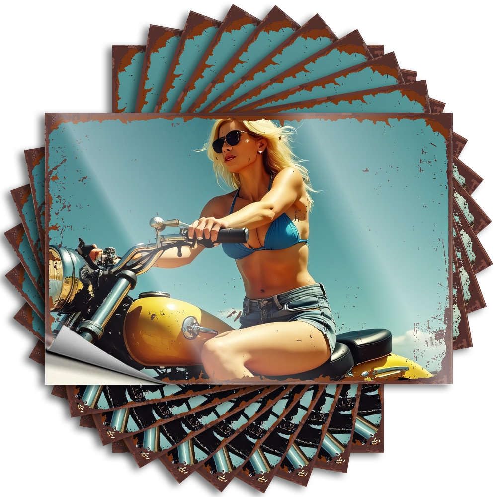Fzfn Colour Small Stickers - Western Bathroom Billiards Cover A Woman In A Bikini Poses On A Yellow Motorcycle(12X18cm)