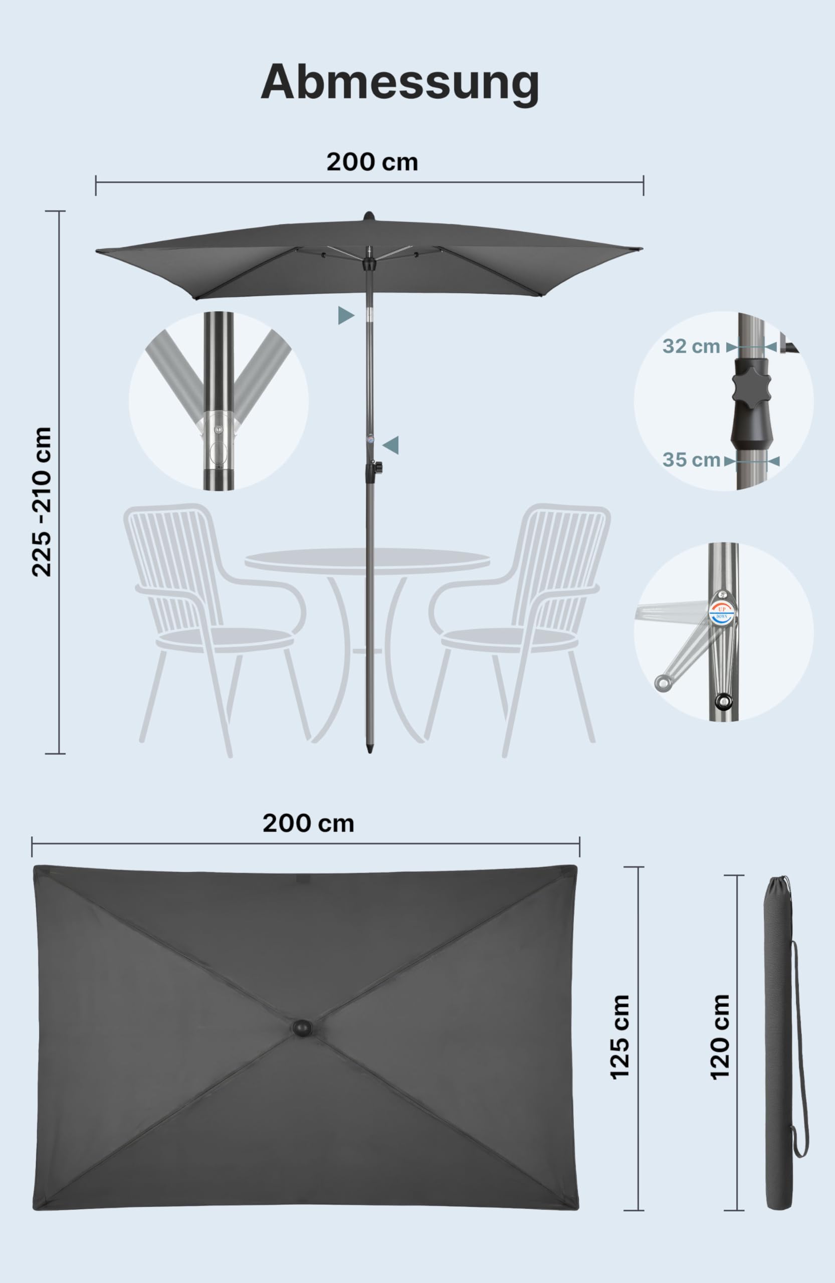 4smile Sonnenschirm Balkon mit Kurbel, Balkonschirm mit Schutzhülle, Sonnenschirm rechteckig 200x125 cm, Sonnenschutz Balkon mit UV 50+, knickbar und höhenverstellbar, Anthrazit