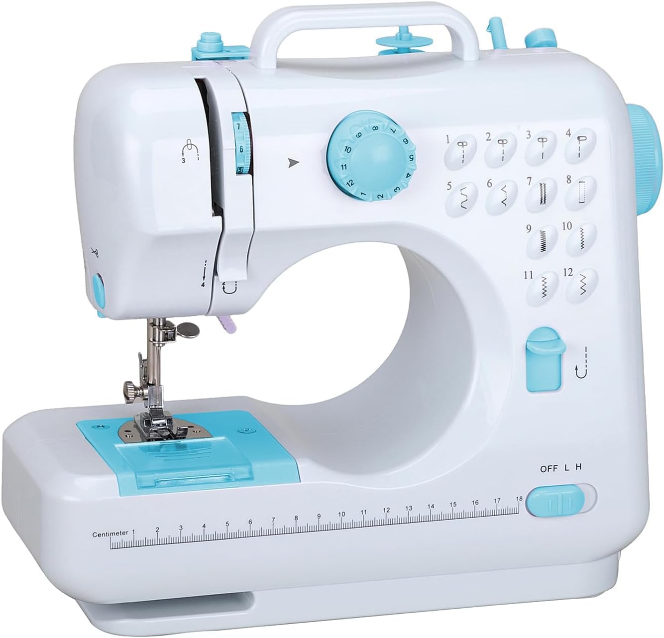 Mini macchina da cucire per principianti, 12 punti, per uso domestico, macchina da cucire multifunzione a doppio filo per bambini, alimentata a corrente e batteria, con luce LED (Blu)