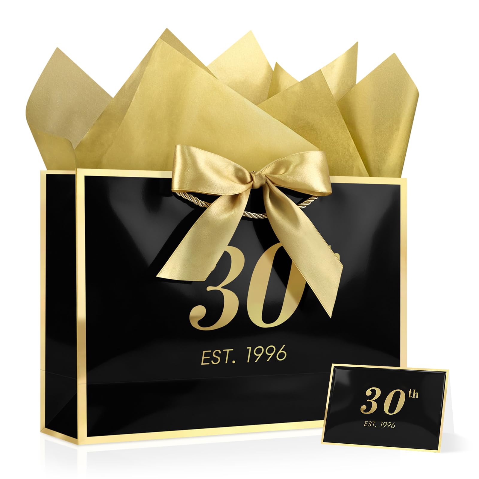 YoungTree 30th Birthday Gift Bag, 32x22x11 cm, Black Portable Paper Bag with Handle, Includes 1 Card & 2 Tissue Papers, Perfect for Birthday Party, Presents, 30th Birthday Gifts for Men Born in 1996 — image 1