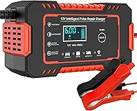 Carregador de Bateria 12V 6A Inteligente com Carga Lenta, Desulfatador e Compensação de Temperatura para Carro, Moto, Caminhão, Barco e Baterias de Chumbo-Ácido (Vermelho)