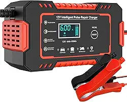 Carregador de Bateria 12V 6A Inteligente com Carga Lenta, Desulfatador e Compensação de Temperatura para Carro, Moto, Caminhão, Barco e Baterias de Chumbo-Ácido (Vermelho)