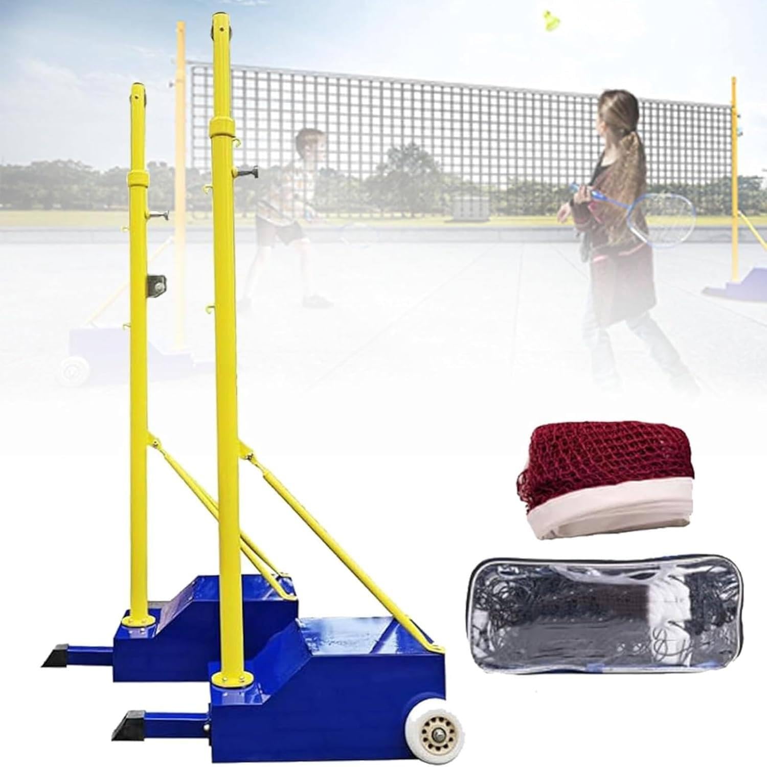 Bâton de volleyball et badminton avec roues, cadre en acier stable, utilisation en intérieur et en extérieur, hauteur réglable 1,5 à 2,1 m