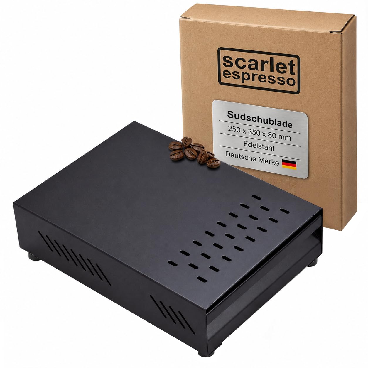scarlet espresso | Tiroir à sud « Professional » pour marc de café, récipient à égouttoir pour porte-filtre, bâton en caoutchouc, acier inoxydable/revêtu par poudre, 250 x 350 x 80 mm (noir)