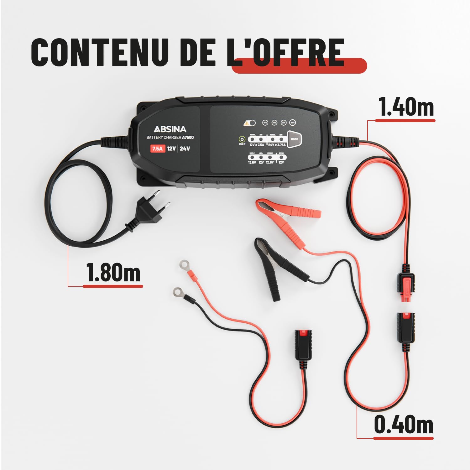 ABSINA Chargeur de Batterie Voiture 12V & 24V 7,5 A pour Batteries Plomb | jusqu'à 240Ah & Lithium 12,8V - Chargeur batterie voitures 24V & 12V pour Auto, Camion, etc. - Maintien charge