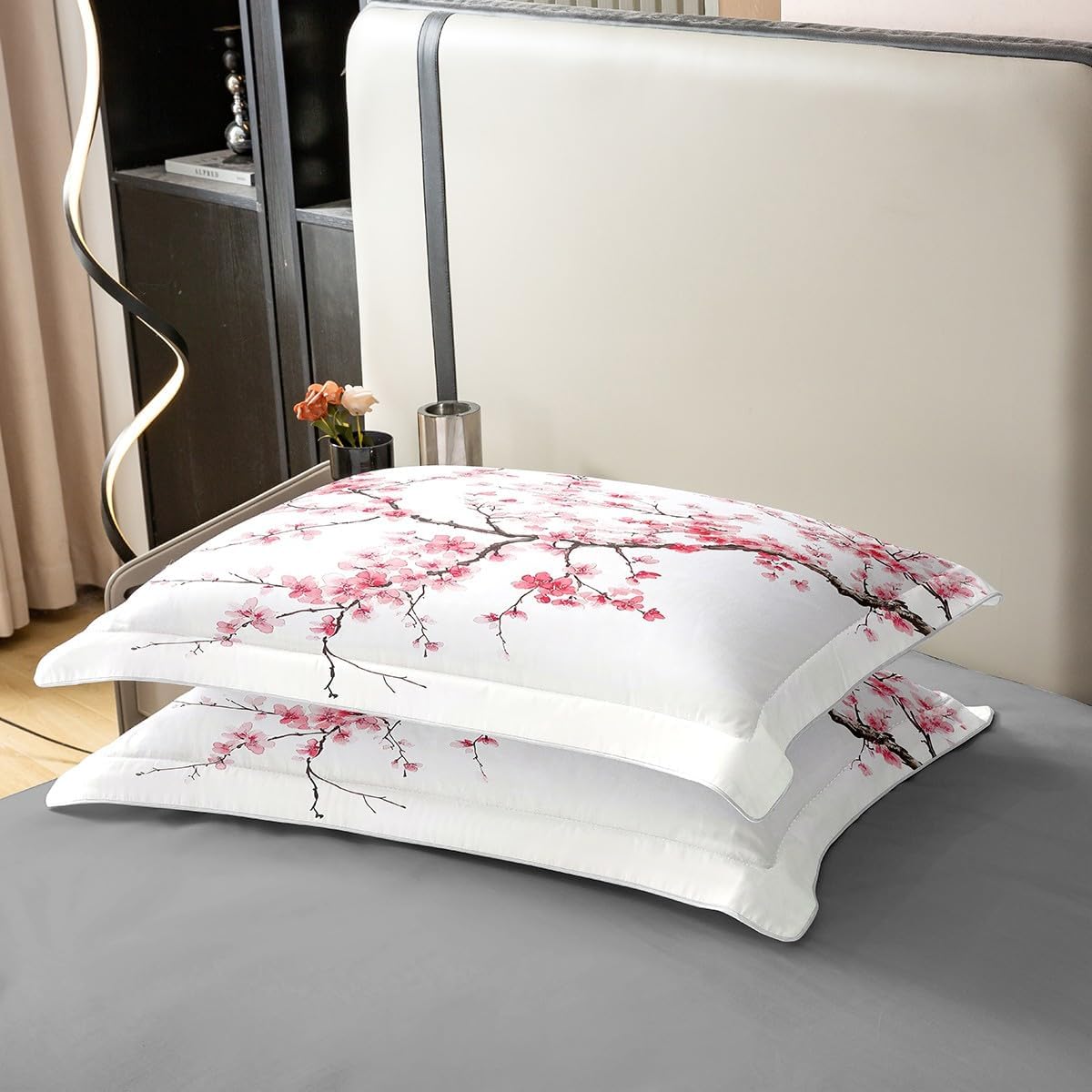 Cherry Blossom Cotton Duvet Cover Set(No Comforter),Japanese Style Pink Blooming Floral Bedding Set,Natural Garden Pink Red Flowers Aesthetic Quilt Cover Set,Ultra Soft Queen Size