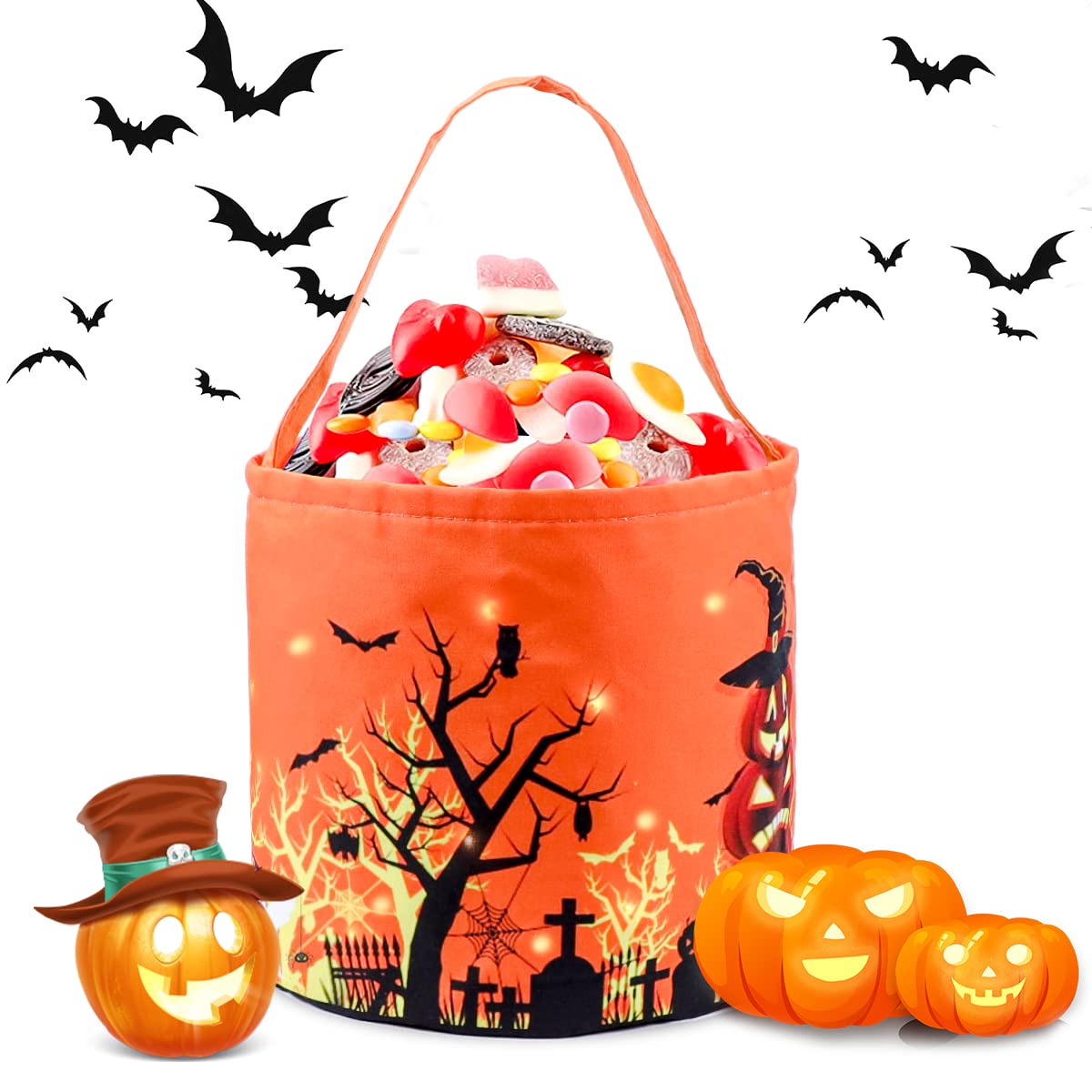 BYTANA Halloween Trick or Treat Bags, LED Light Candy Buckets, Multipurpose Reusable Goody Bucket for Kids Halloween Supplies Favors (orange)