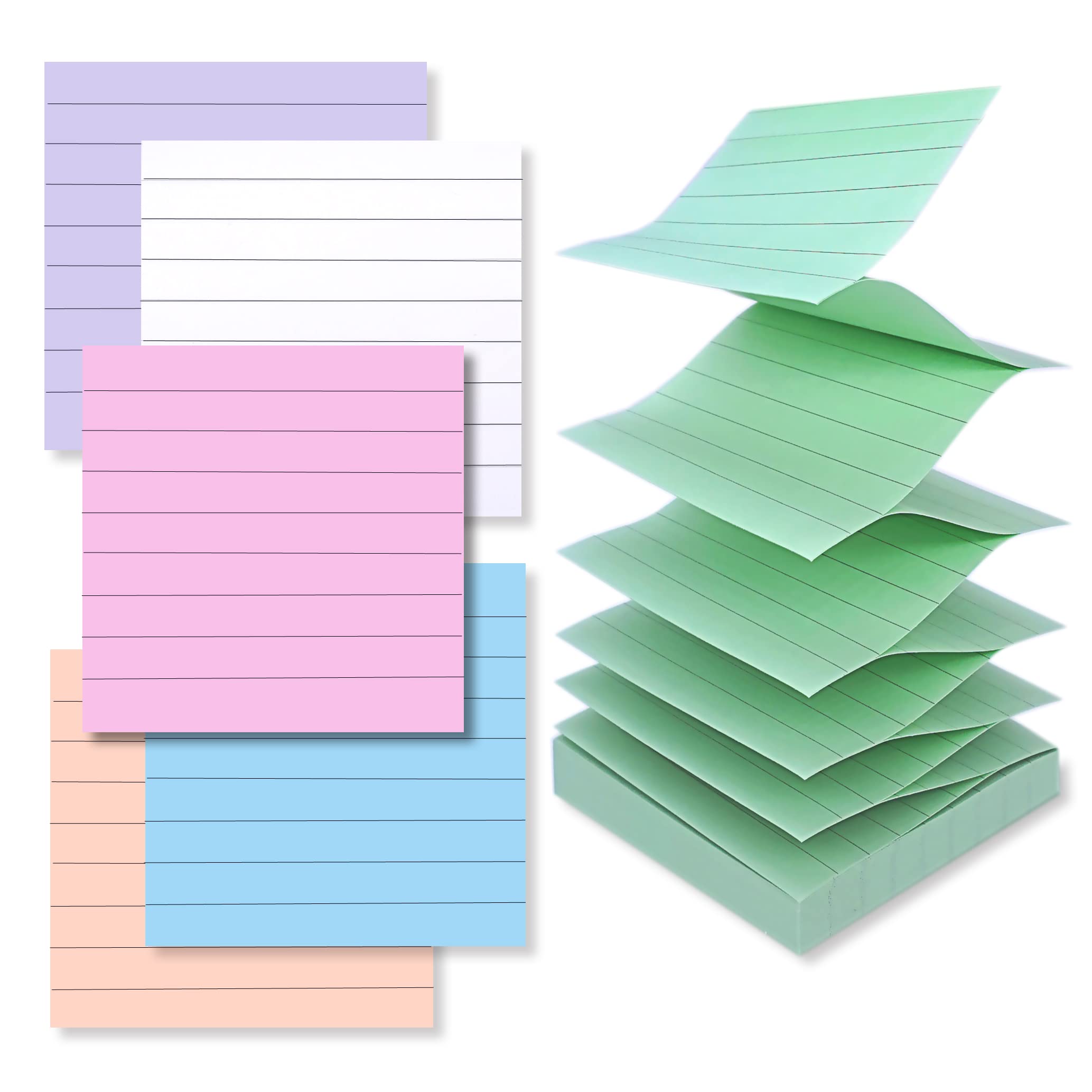 LinQuickLined Pop Up Sticky Notes 3x3 inch Refills, Easy to Post Sticky Notes with Lines, Accordion Sticky Notes,z fold Sticky Notes,Pink, Orange, White , Green, Blue,Purple