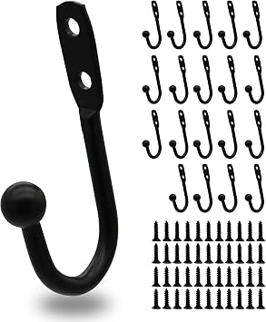 20PCS Small Black Coat Hooks, 1x2Inches, Heavy Duty, for Hanging Clothes, Hats, Bags, Scarfs, Keys, Screws Included