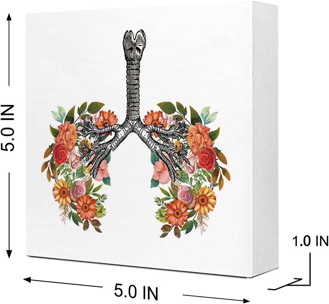Flower Lungs Anatomy Art Wooden Sign Desk Decor,Rustic Floral Human Organ Wood Block Sign Desk Decorations for Home Hospital Nurse Station Clinic Medical Office Shelf Table Decor image 2