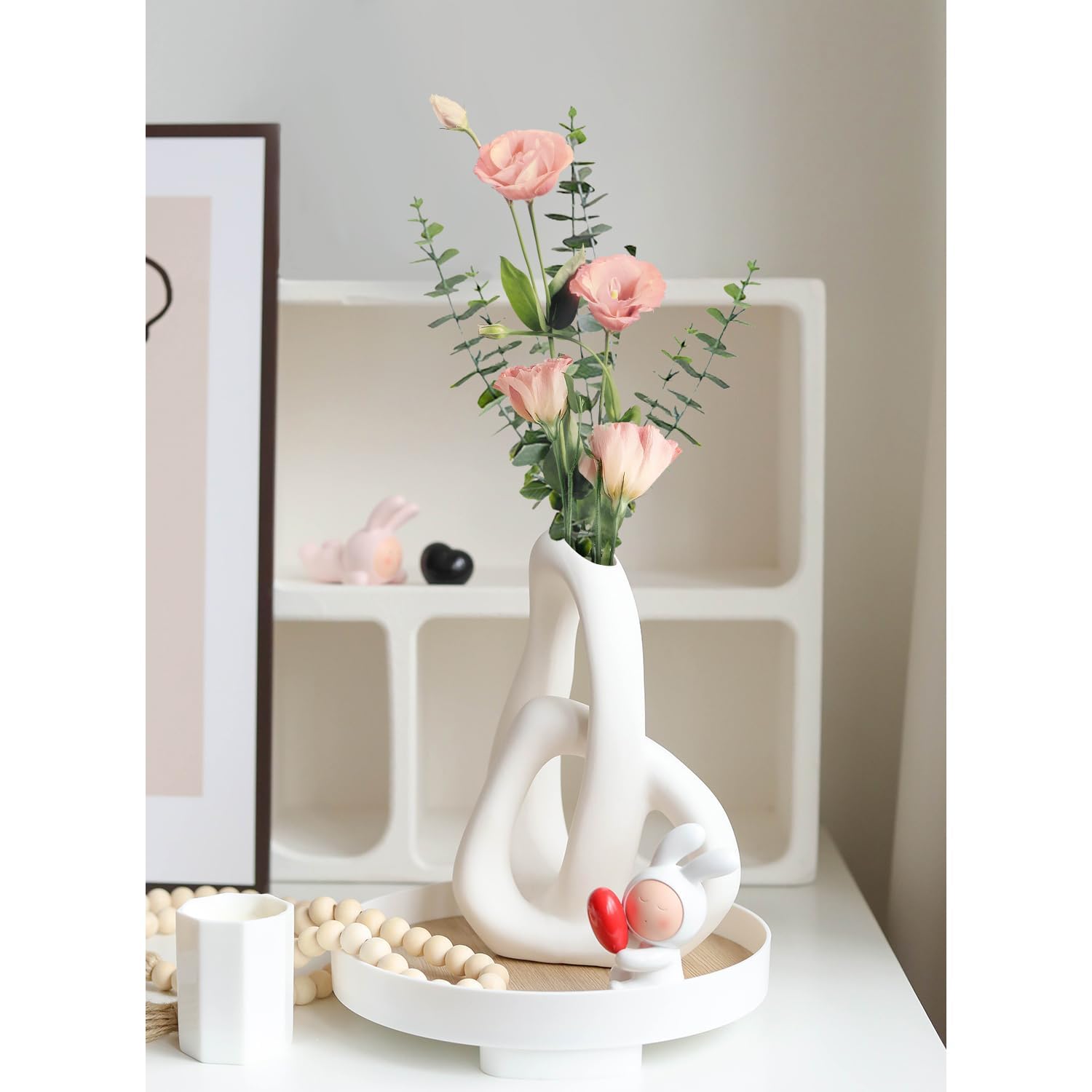 Jarrones modernos de cerámica blanca para decoración del hogar, florero decorativo bohemio para ramo de hierba de pampas, sala de estar, dormitorio, cocina, decoración maximalista (blanco) 3