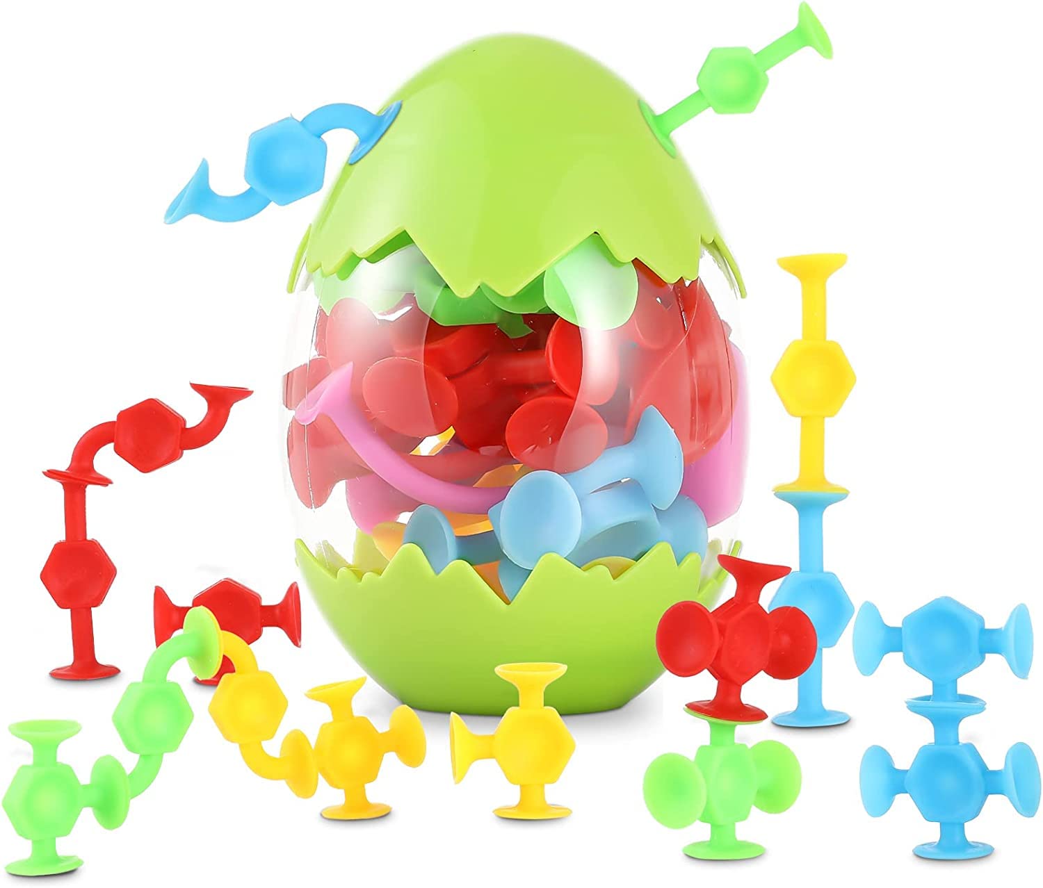 Suction Toys: 30 Pcs Silicone Sensory Toys, Baby Bath Toy, Sucker Toys for Kids with Eggshell Storage, Suction Cup Toys for Toddler, Building Stacking Sensory Toys Gifts