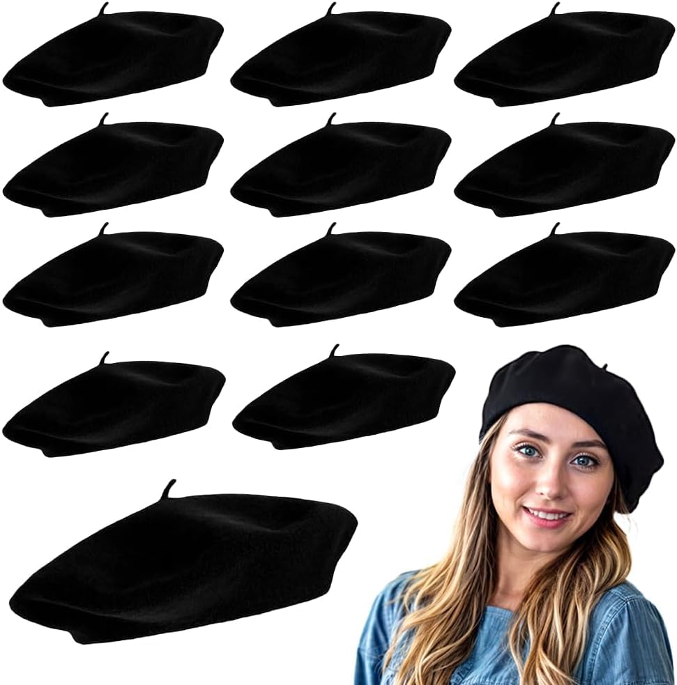 French Beret Hat for Women & Men - Black Wool Berets, One Size Fits Most Adults - Classic Black Artist Hat & Beret Costume for Theme Parties, French Outfits & Winter Wear (12-Pack)