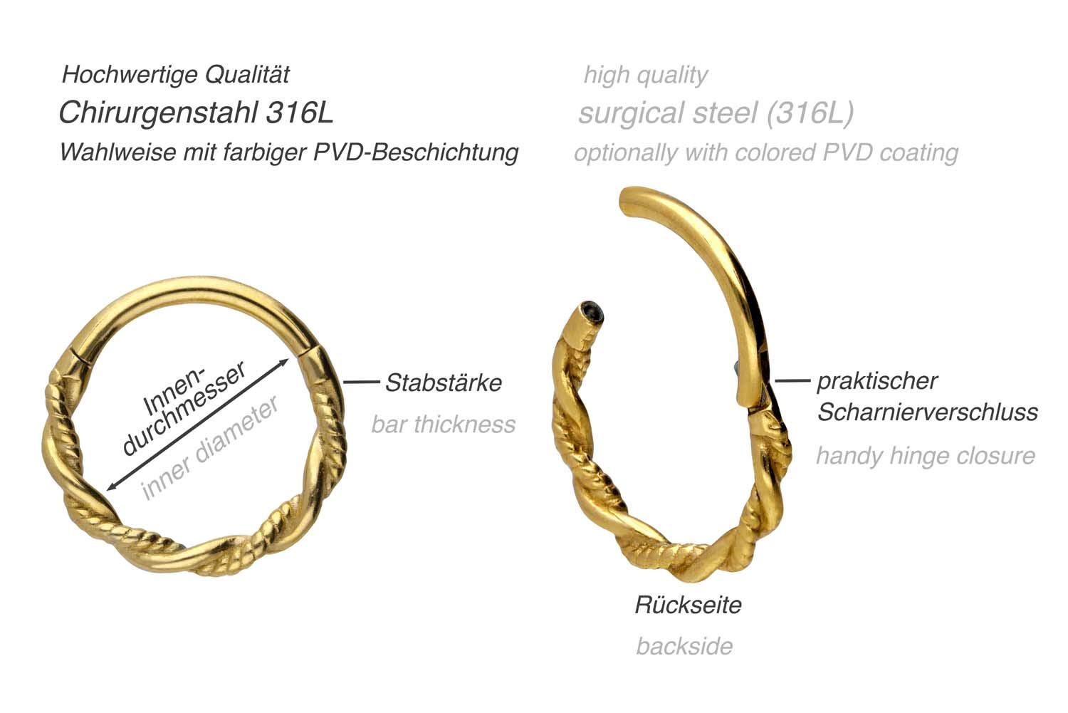 PIERCINGLINE Piercing Ring Chirurgenstahl Segmentring Clicker DOPPELT GEDREHT - Roségoldfarben, Schwarz, Goldfarben, Silberfarben