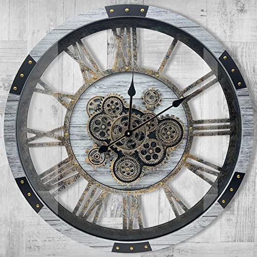 Dorboker 27" Original Moving Gears Wall Clock, Large Industrial Wall Clock For Living Room Decor, Retro Metal Solid Wood Vintage Farmhouse Steampunk Rustic Clocks For Wall Decor,Silver Grey #TOP10
