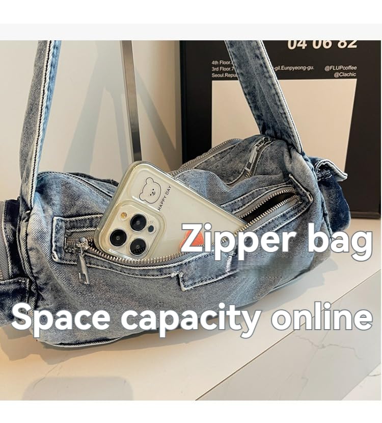 Cute Handbag Purse for Women, Grunge Shoulder Handbags Denim Fashion Trendy Top Handle Bag Aesthetic Y2k Purse Bags (blue)4