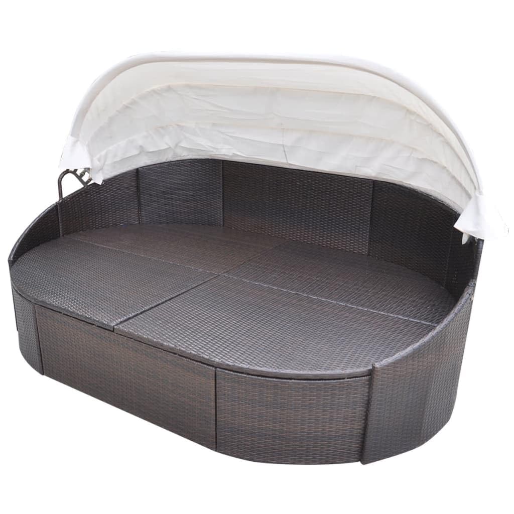 Letto lounge per esterni con tetto in polyrattan marrone, isola solare con baldacchino, 230 x 145 x 80 cm, 4 cuscini e 2 cuscini per seduta, letto da giardino per terrazza, balcone, zona