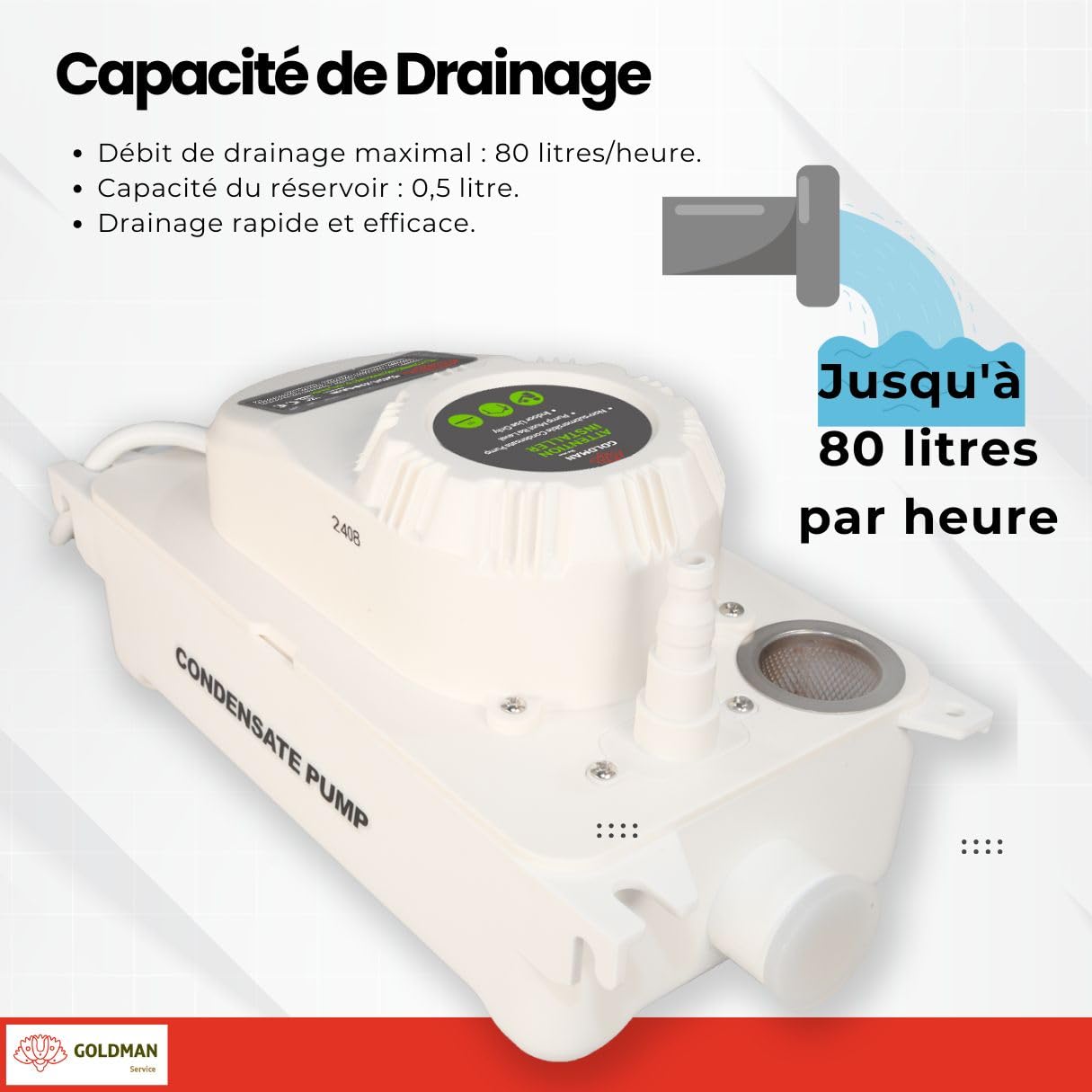 GOLDMAN SERVICE | Pompe à condensation automatique silencieuse pour drainage et vidange d'eau de climatisation | Débit 80 litres/heure