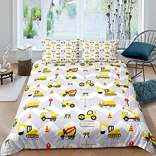 feelingyou Juego de ropa de cama infantil de 135 x 200 cm, diseño de vehículos de construcción, 2 piezas, para dormitorio, decoración, dibujos animados, maquinaria, camión, funda de edredón con 1