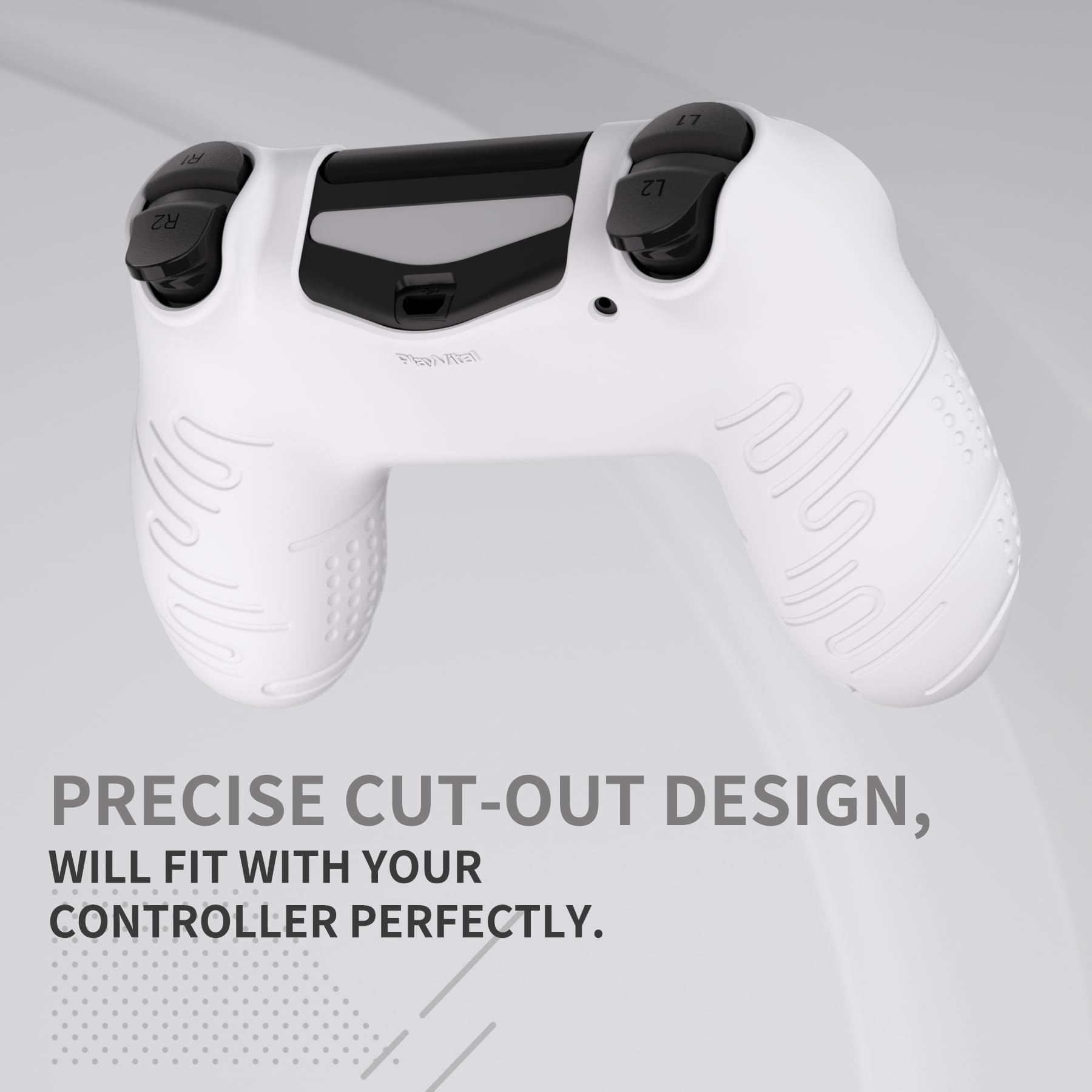 PlayVital Cover per ps4 Controller,Custodia Skin Protettiva Silicone Antiscivolo per ps4 Slim Pro Joystick con Gommini Copri Levette Analogiche(Linea&Punto Edizione)-Bianco
