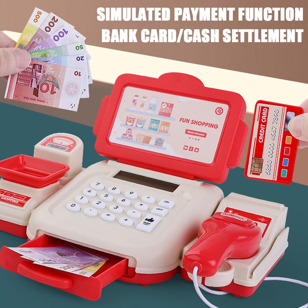PLUSHCEWT Toy Cash Register for Kids Toy Till with Scanner Calculator Weigh Pop-up Drawer and Pretend Money Set Educational Shopping Till Role Play Toy for Toddlers Boys and Girls Ages 3-5 (red) - Image 3
