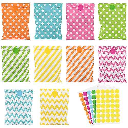 100 Piezas Bolsas de Papel para Regalos, Bolsitas para Chuches Bolsas Papel Kraft Bolsas Regalo Pequeñas con 175 Pegatinas para Envolver Regalos Navidad Halloween Cumpleaños Fiestas (5 Colores)