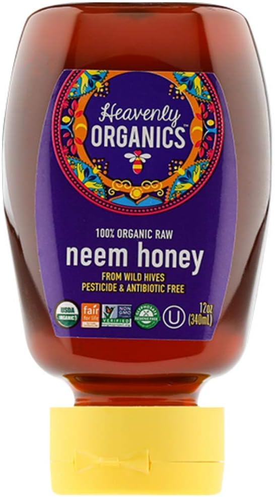 Heavenly Organics 100% Organic Raw Neem Honey (12 oz Squeeze Bottle) Made from Wild Beehives & Free Range Bees; Dairy, Nut, Gluten-Free, Kosher