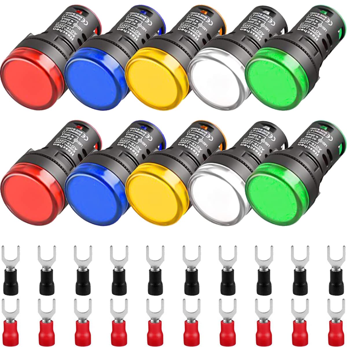 DAOKAI 10x LED-Kontrollleuchte 22mm 110-220V – 5 Farben (Rot, Grün, Gelb, Blau, Weiß) Mit Gabelklemmen