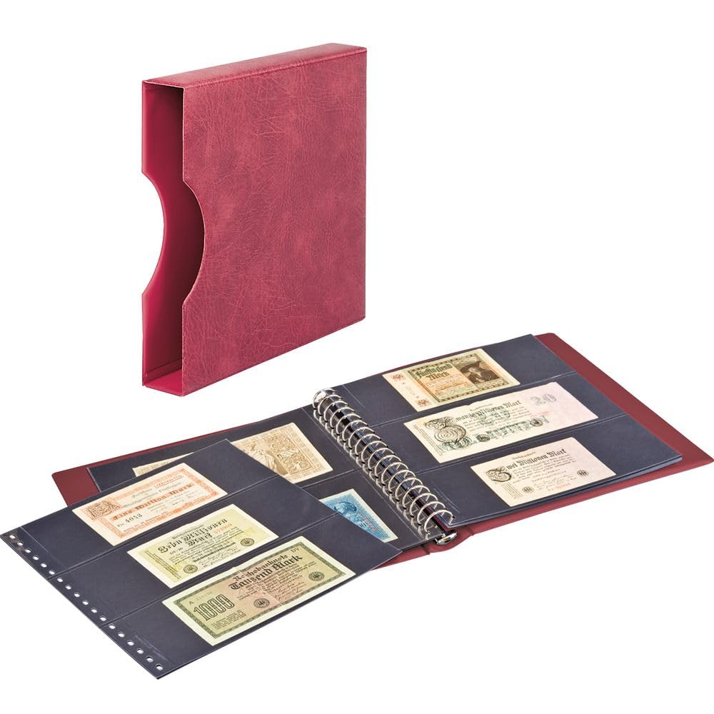 Álbum para billetes LINDNER de alta gama en color rojo vino con hojas negras 4