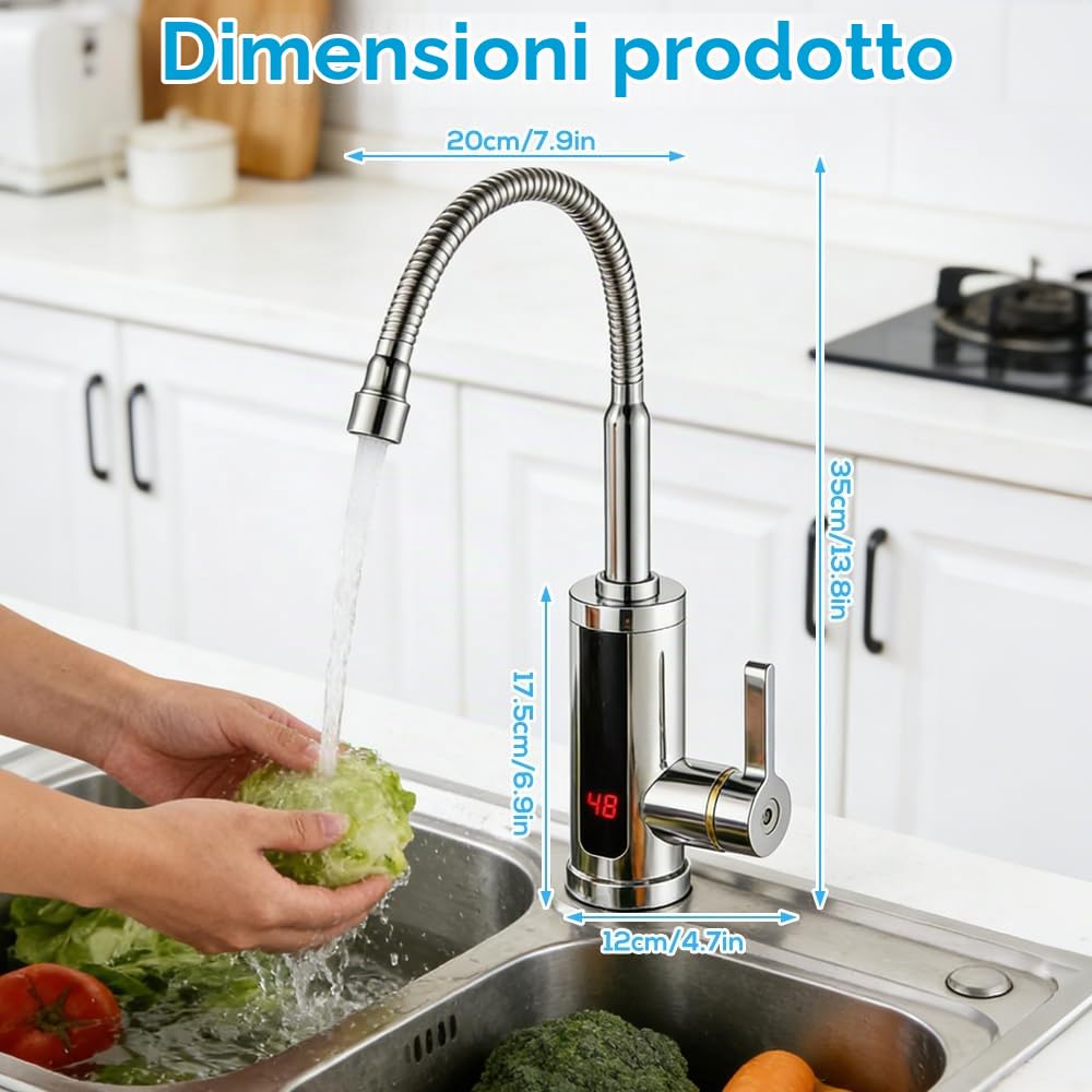 Rubinetto Elettrico Acqua Calda, 220 V 3000W, Girevole a 360°, Scaldabagno Elettrico Istantaneo con Display Digitale, per Bagno, Cucina, Roulotte, Campeggio [Classe di Efficienza Energetica B]