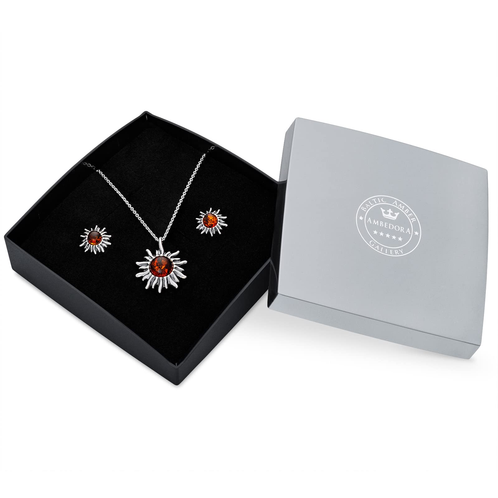 Set da donna in argento Sterling 925 con ciondolo a forma di piccolo sole (collana e orecchini), argento ossidato, ambra baltica in cognac, ciondolo con catenina e orecchini, set pronto per un regalo
