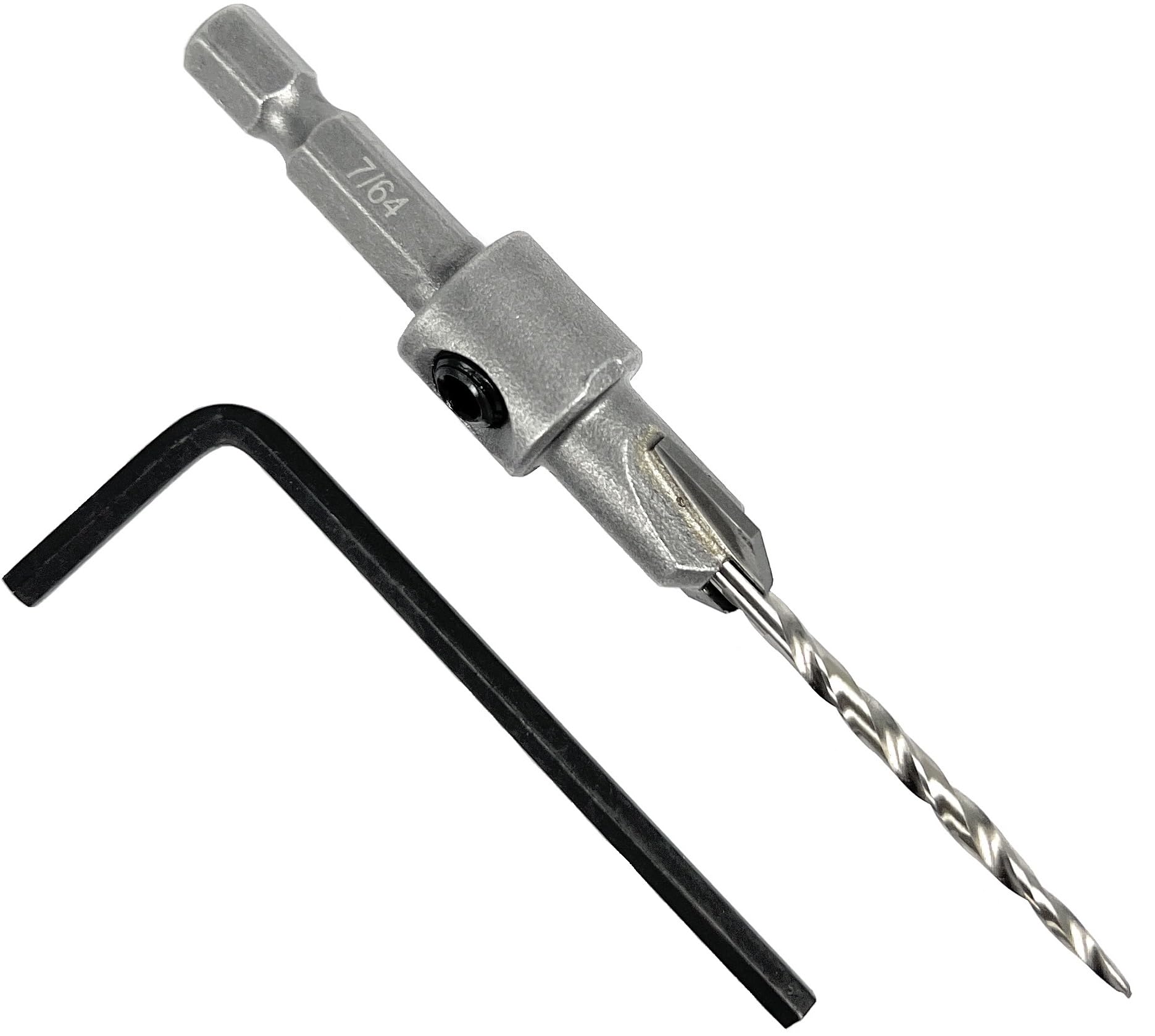 FTG USA Broca avellanada con punta de carburo de tungsteno #4 (7/64 pulgadas) con broca cónica, vástago hexagonal de cambio rápido de 1/4 pulgadas y llave Allen