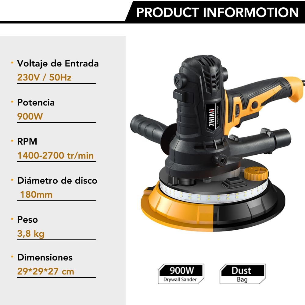 Lijadora de Pared 900W,1400-2700 RPM/5velocidades de succión variable ajustable, Lijadora pared y techo con luz LED,Sistema de Autolimpieza/8 discos de lijado,lijadora pladur lijado grueso/fino