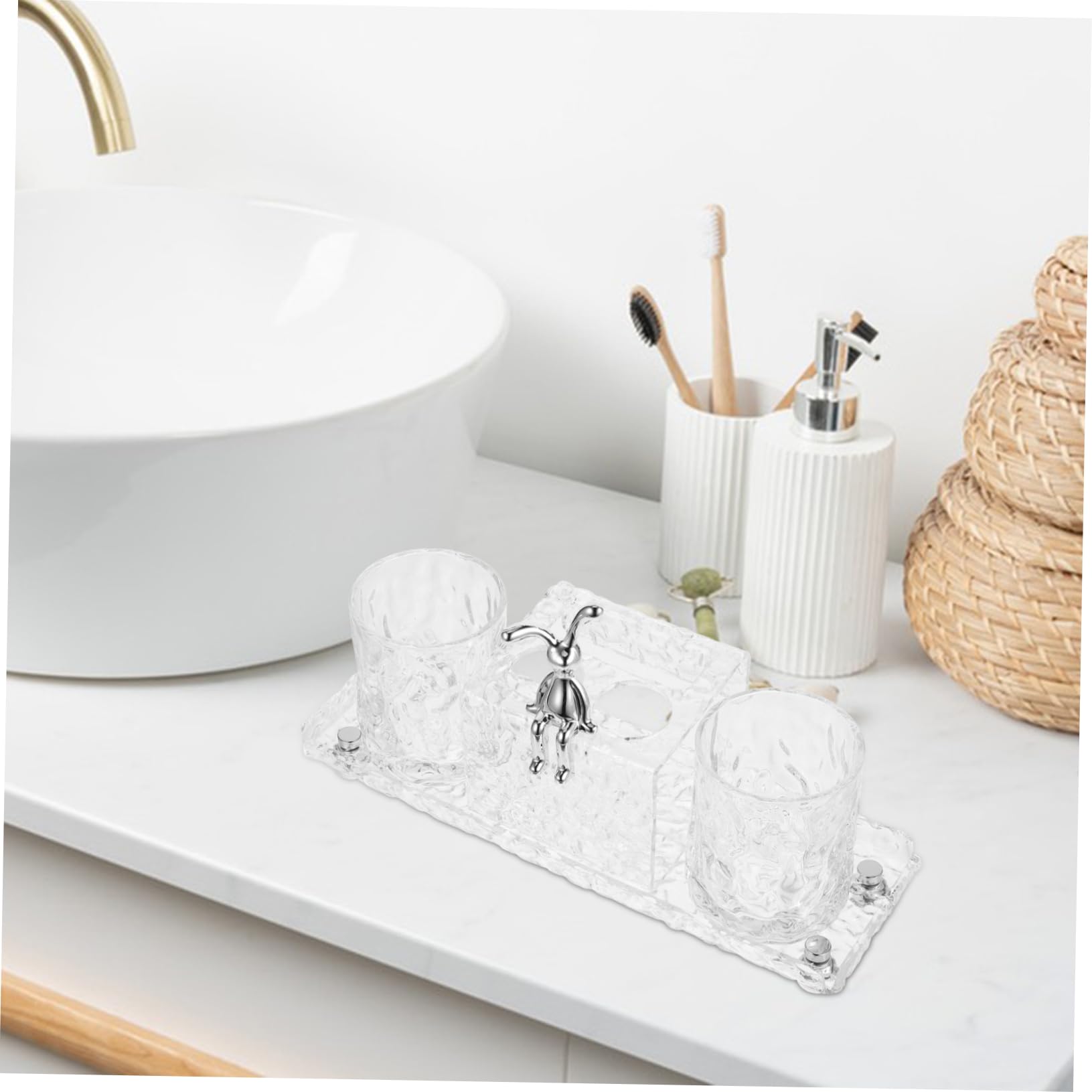 Acryl Zahnbürstenhalterung mit Ablage und 2 Bechern Badezimmer Organizer für Arbeitsfläche Zahnputzbecher für Kinder Klar