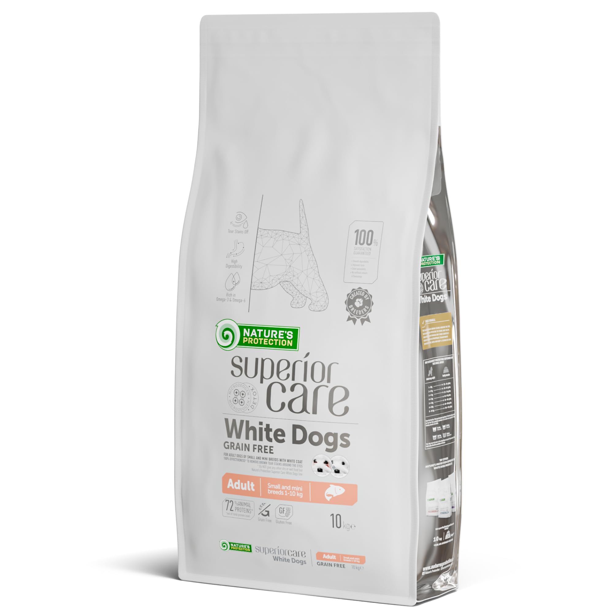 Nature's Protection Superior Care Cibo secco per cani adulti, Salmone 10 kg | Antimacchia lacrimale, manto bianco brillante, Senza cereali, Crocchette piccole, Manti bianchi/chiari, Razze piccole