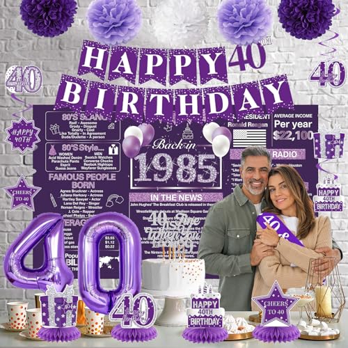 Image of Crenics Purple 40th Birthday Decorations for Women - Back in 1985 Backdrop, Banner, Swirls, Honeycomb, Sash, Paper Pom Poms and Balloons for 40 Birthday Party Supplies