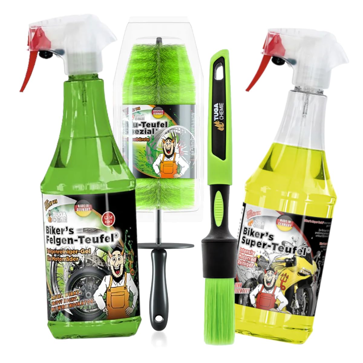 Tuga Chemie Motorrad Reinigungs Set 4 teilig Motorradpflege Set - Motorrad Felgenreiniger 1L + Motorrad Reiniger 1L + Felgenbürste + Universal Reinigungspinsel + ChimpTools Sticker