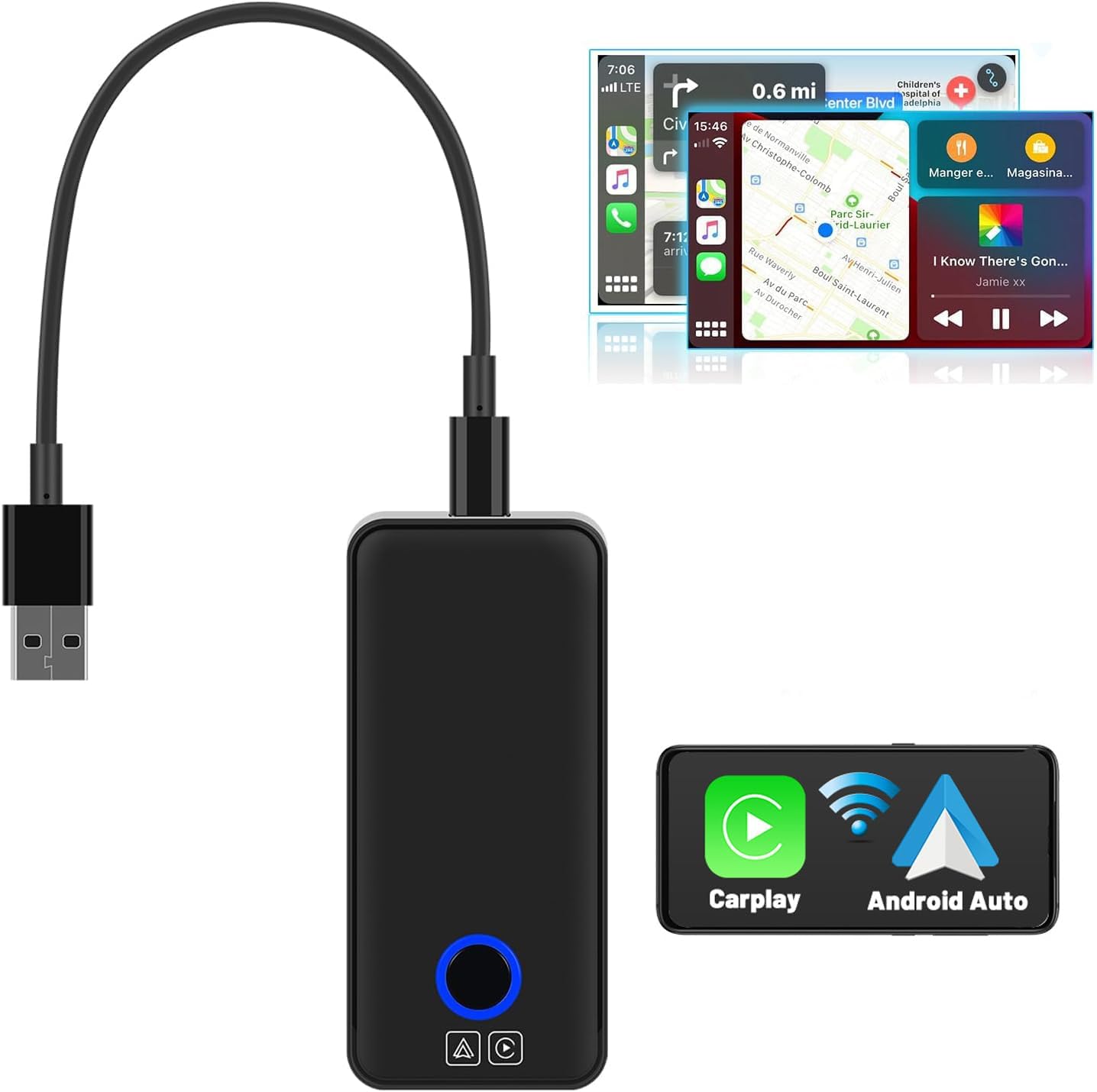 CAMECHO Wireless Android Auto CarPlay Adapter for Factory Wired CarPlay Cars Plug