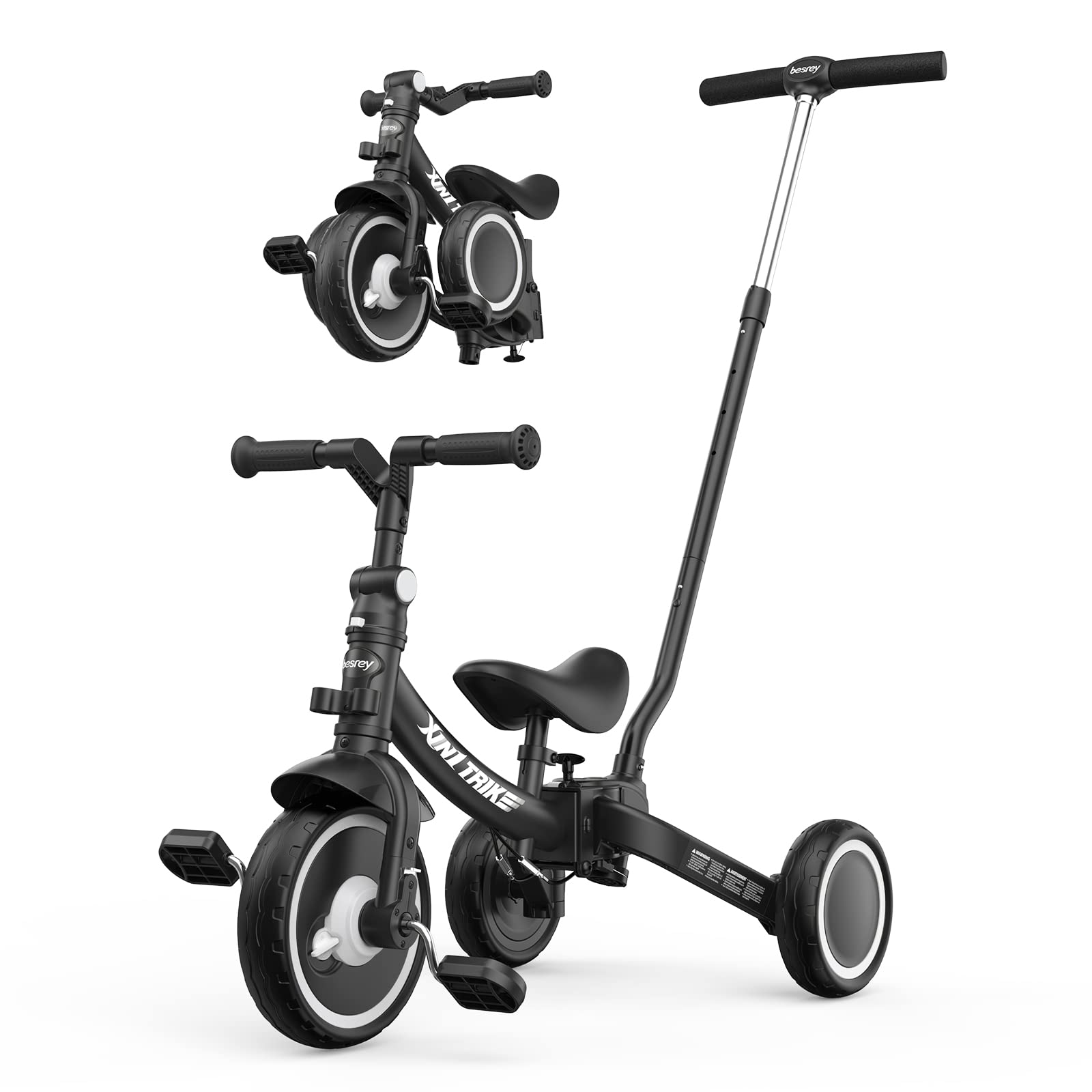 besrey 5-in-1 Toddler Tricycle with 5-Height Parent Steering Push Handle for 1-5 Years Old, Foldable Kids Trike, Bike with Wheel Clutch, Larger Wheels, Removable Pedals, Height Adjustable Seat, Black