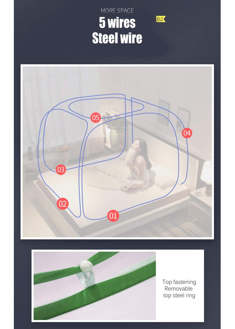 Mosquitera Plegable emergente para Cama, Dosel portátil para Viajes, para Cama Individual/Doble, Tienda de campaña, 1,2 * 2 m, 3