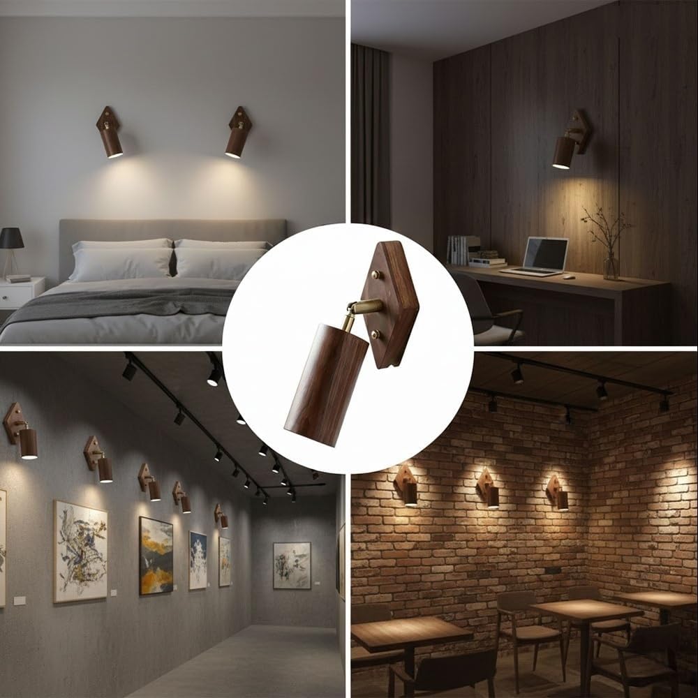 Modern Minimalist Solid Natural Wood Rotating Wall Sconce,LED Reading Spotlight,Adjustable Angle Accent Wall Lighting Fixture for Bedroom Bedside, Hallway,Study,Office Parlor(Yellow)