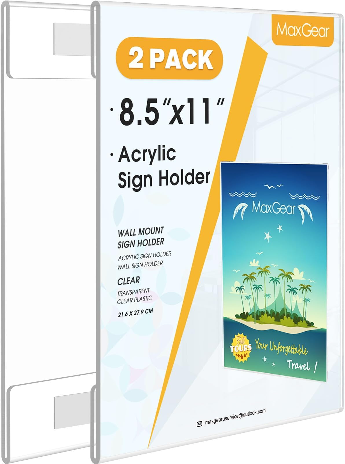 MaxGear Acrylic Sign Holder 8.5 x 11 Wall Mount Clear Plastic Sign Holders with Double Sided Tape, Paper Poster Door Document Flyer Acrylic Wall Frame for Office, Home, Store, Restaurant, 2 Pack